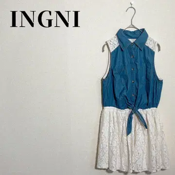 INGNI 데님 x 꽃무늬 레이스 슬리브리스 미니 원피스 리본 사이즈 M