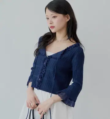 [7부 소매] 레이스 도킹 리브 니트 가디건 네이비