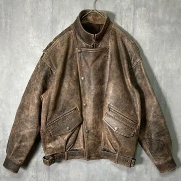 빈티지 가죽 자켓 블루종 페이드 브라운 그런지 L