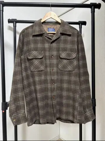 Pendleton 50s 60s 체크 무늬 오픈 카라 브라운