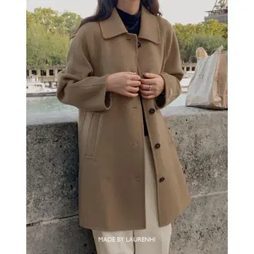 베이지 롱 코트 울 혼방 소재