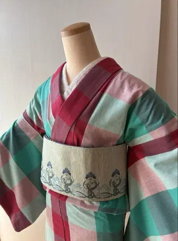 이세 목화 블록 체크 워셔블 기모노 빨간색 핑크 터콰이즈