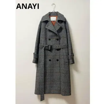 ANAYI 롱 코트 여성용 38 울 더블 그레이 벨트 포함
