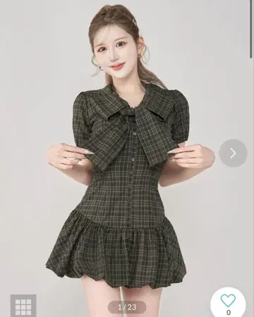빅 리본 벌룬 체크 미니 원피스 (다크 그린) 다리치