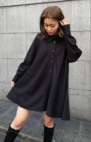 ENVYM 셔츠 원피스 블랙 광택 A라인