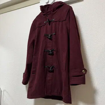 버건디 더플 코트 미디엄 기장 후드 부착