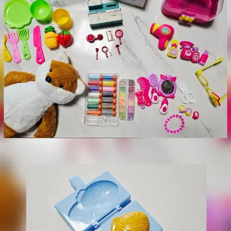 Beauty play + mini kitchen play + kitchen play + fox doll + colored sand + fish cake play