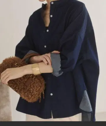 ANGIE 오버 사이즈 밴드 카라 데님 셔츠
