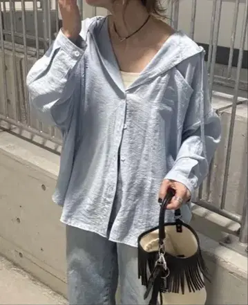 후드 부착 시어 셔츠 블루 프리 사이즈