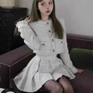 다리치 컴팩트 프린지 트위드 자켓 & 스커트 ( M ) WHT