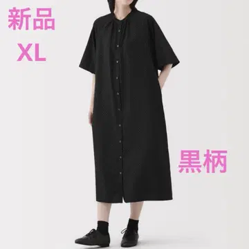 MUJI 매끄러운 리오셀 혼방 칠부 소매 원피스 여성 XL 블랙 패턴