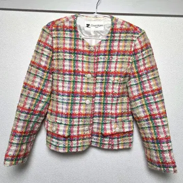 쿠레쥬 노카라 체크 자켓 화이트 빨간색 쇼와 레트로