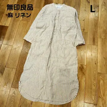 MUJI 무인양품 스트라이프 린넨 롱 셔츠 원피스 베이지 L