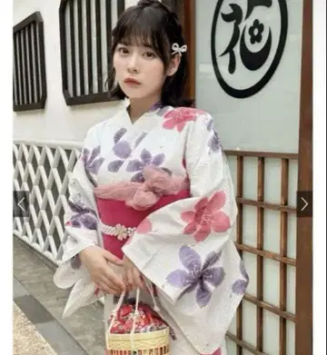 꽃무늬 유카타 화이트 베이스 보라색 빨간색 리본 포함 GRL gi1305