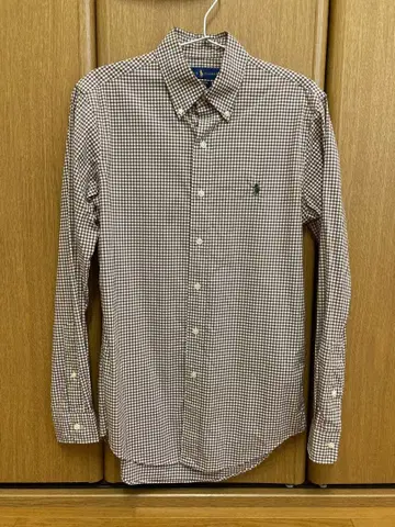 랄프 로렌 깅엄 체크 셔츠 브라운 그린 자수 스트레치