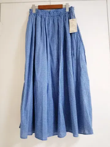 면 보일 개더 스커트 블루 체크 M