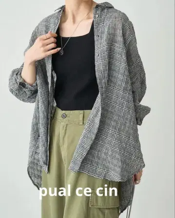 PUAL CE CIN 면린넨 체크 오버 셔츠 블라우스