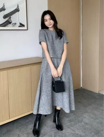 벌스데이 바쉬 트위드 A라인 셋업 원피스 그레이