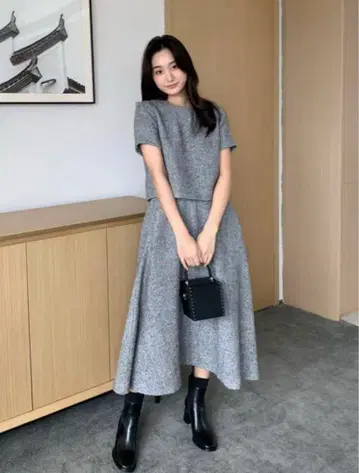 벌스데이 바쉬 트위드 A라인 셋업 원피스 그레이