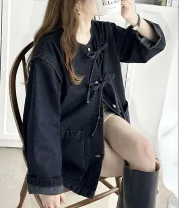 새상품급 데님 자켓 노카라 리본