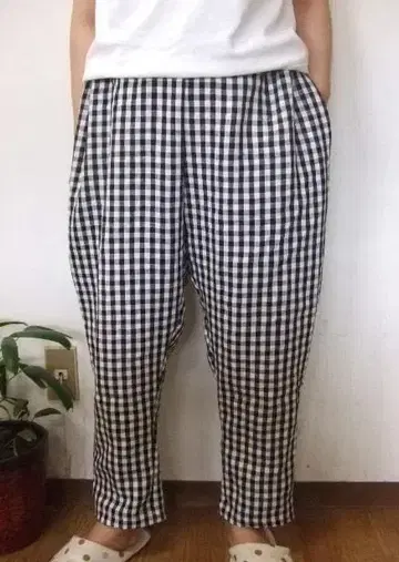 새상품 3L 90cm 린넨 깅엄 배기 팬츠 (일본제) (핸드메이드)