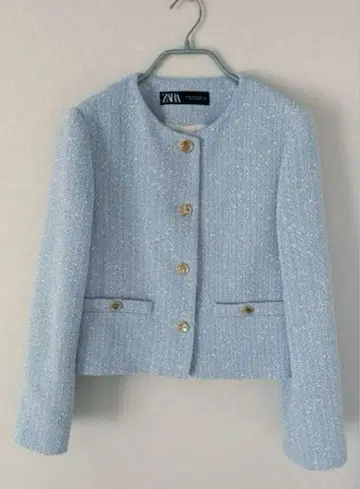 컨디션 최상 ZARA 골드 버튼 노카라 자켓 아이스 블루 트위드 XS