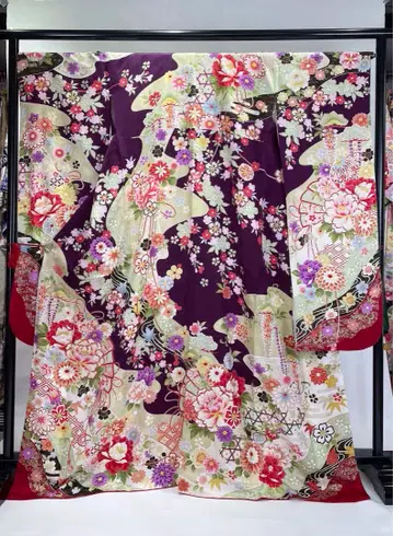 성인식 후리소데 순수 실크 보라색 고전 패턴