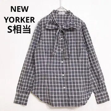 뉴요커 보타이 체크 무늬 셔츠 깔끔한 캐주얼 블라우스 S