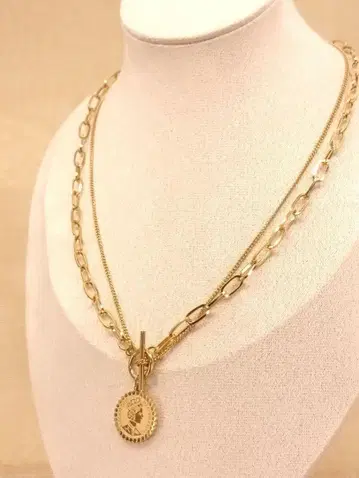 빈티지 골드 더블 체인 코인 토글 목걸이