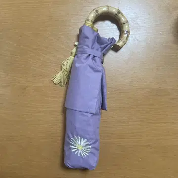 보라색 꽃 자수 대나무 접이식 우산