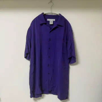 IRVINE PARK 100% 실크 반팔 셔츠 퍼플 오픈 카라