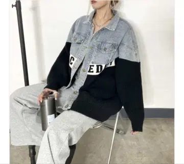 [non-hedge] 데님 절개 니트 가디건 블랙