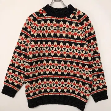 레트로 올드 코지 구제 페어아일 패턴 자카드 니트 스웨터