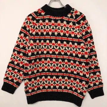 레트로 올드 코지 구제 페어아일 패턴 자카드 니트 스웨터