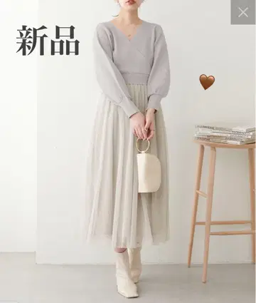 새상품* WEB 한정판 카슈쿨 니트 튤 원피스 그레이쉬 베이지 S