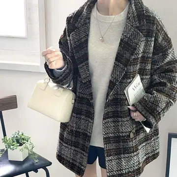 체크 무늬 오버 사이즈 더블 자켓 코트