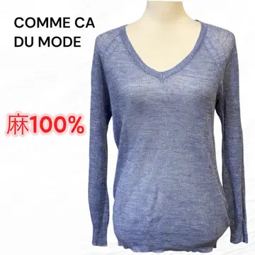 COMME CA DU MODE V넥 긴팔 니트 린넨 얇은 소재 스카이블루