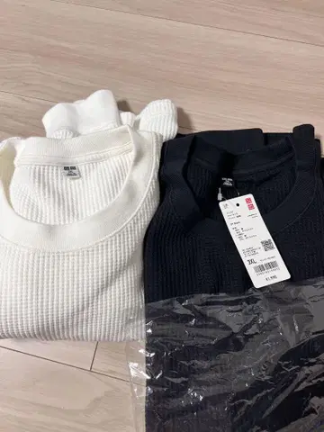 2장 세트 유니클로 와플 크루넥T 화이트 블랙 3XL