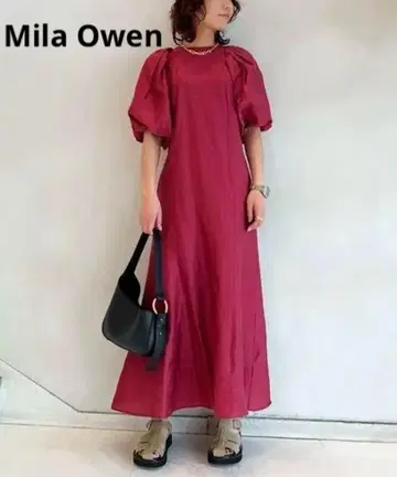 미라 오웬 볼륨 슬리브 내로우 플레어 원피스