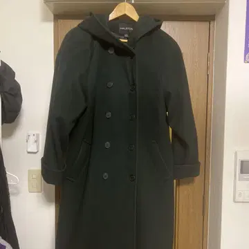 빈티지 HALSTON 후드 부착 롱 코트 다크 그린