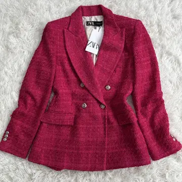 [미사용 새상품] ZARA 트위드 자켓 S 핑크 골드 버튼