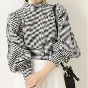 spick&span 스탠드 카라 블랙 화이트 깅엄 체크 블라우스