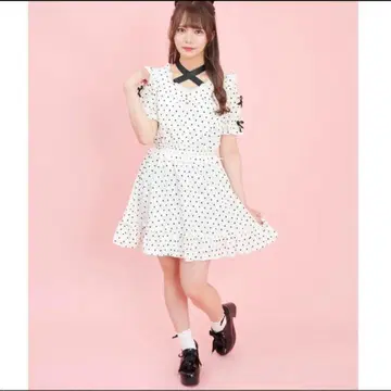 시크릿 허니 하트 도트 무늬 미니 원피스 프릴 리본 M