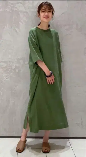 올리브 그린 롱 셔츠 원피스 반팔