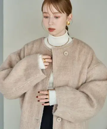 hinari 노카라 샤기 롱 코트 베이지