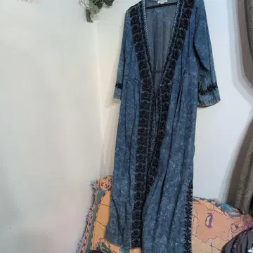 FREAKS STORE 데님 블루 자수 롱 셔츠 원피스