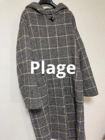 Plage 후드 부착 체크 롱 코트 울