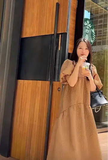 레이 BEAMS 퍼프 슬리브 롱 원피스