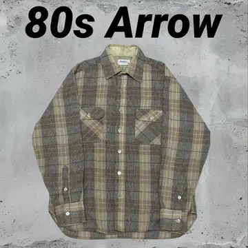 80s Arrow 울 긴팔 플란넬 셔츠 베이지 체크 무늬 M 사이즈