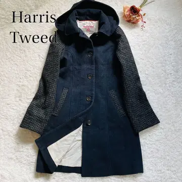 새상품급 Harris Tweed 체스터 코트 글렌체크 절개 L